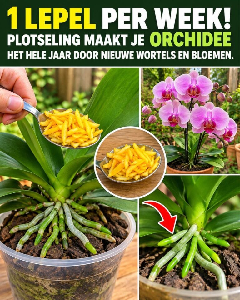 1 lepel per week! Plotseling maakt je orchidee het hele jaar door nieuwe wortels en bloemen.